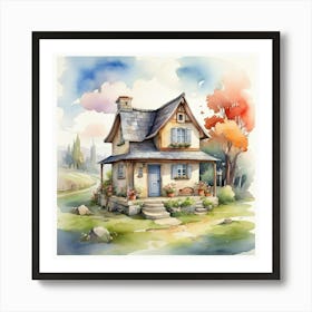 A Little House In The Village Cartoon Watercolor Dra 2 Art Print