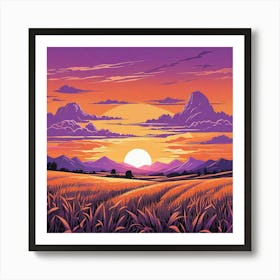 Summer Landscape Sunset In The Desert Cartoon Style Sunset Landscape With Grass Field And Trees (4) Art Print