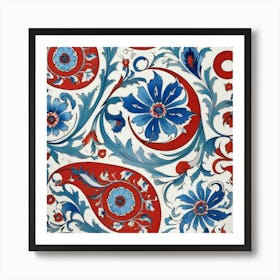 Red Blue And White Swirls Iznik Turkish Pattern Flora 0 Art Print