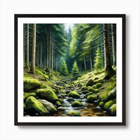 Stream In The Forest, Acrylic Painting Style 19 Art Print