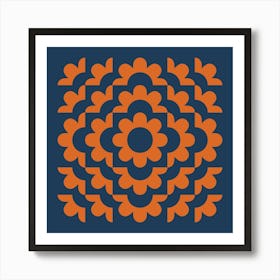 Midcentury Modern Abstract Geometric Flower Pattern Floral in Navy Blue and Burnt Orange 1 Art Print