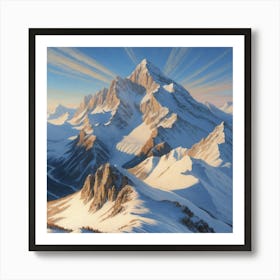 Snow-capped mountain peak at sunrise Art Print