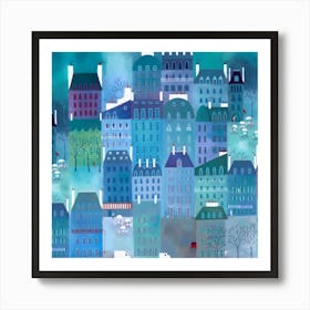 Paris Cityscape Blue Art Print