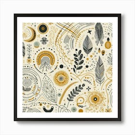 Doodle Pattern.Boho art, moon and yellow squiggly line, American style. Art Print