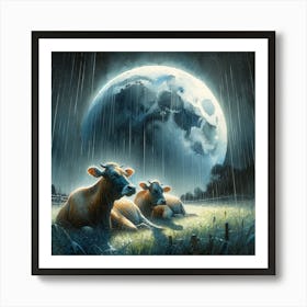 Cows Under The Moon Art Print