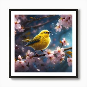 A Yellow Bird in the Spring Rain with Cherry Blossom Art Print