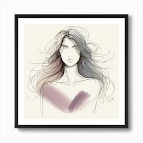 Abstract Beauty With Long Hair Portrait Drawing With Some Acent Colors Art Print