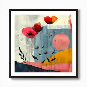 Abstract Poppy Flower Art Print With Textured Background Red Pink Yellow Blue And Grey Tones Art Print