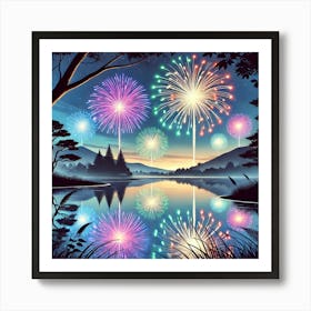 New Year Fireworks Over the Lake Wall Art: A Stunning Scene to Welcome 2025 for Festive and Tranquil Home Decor Print Art Art Print