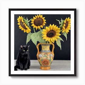 Sunflowers And Cat 1 Art Print