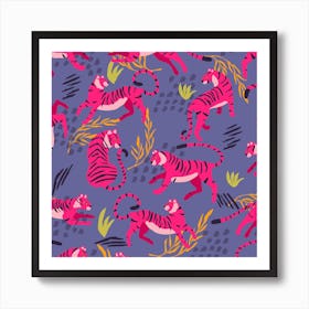 Vibrant Pink Tiger Pattern On Purple With Colorful Florals Square Art Print