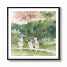 Three Little Girls In A Garden Art Print