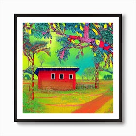 Red House In The Forest Art Print