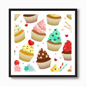 Seamless Pattern Yummy Colored Cupcakes Art Print