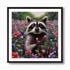 Raccoon in flower field 4 Art Print