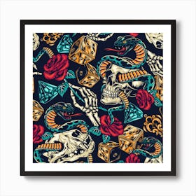 Vintage Art Tattoos Colorful Seamless Pattern Art Print