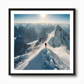 Mountaineer On Top Of A Snowy Mountain Art Print