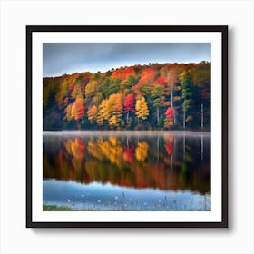 Fall Foliage- reflection of beautiful pine colorful trees in lake watercolor and beauty natural art with blue sky. Art Print