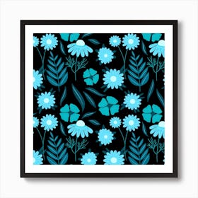 Flower Nature Blue Black Art Pattern Floral Art Print