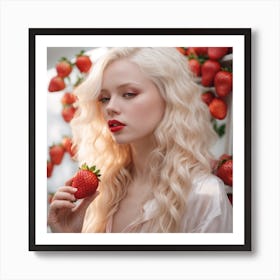 Albino woman eating strawberry, white and red Art Print