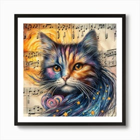 Cat On Music Sheet Art Print