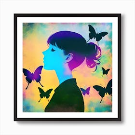 Silhouette Of A Woman With Butterflies Art Print