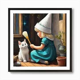 Cute Kawaii Gnome Girl Sitting And Painting Her Cats Back With Magic Brushstunning Masterpiece B 678276440 Art Print