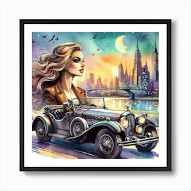 Vintage Girl Driving A Car Art Print