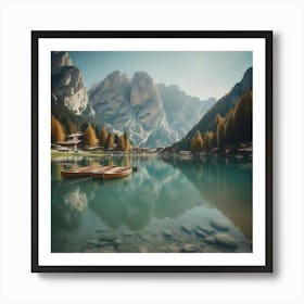 Beautiful Lake With Boats In The Italian Alps Lago Di Braies 2 Art Print