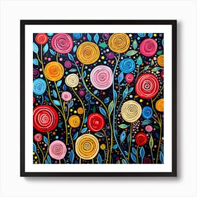 Colorful Flowers On Black Background Art Print