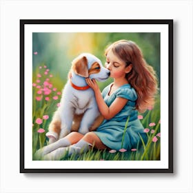 Little Girl Kissing Dog Art Print