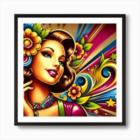 Colorful Girl With Flowers 2 Art Print