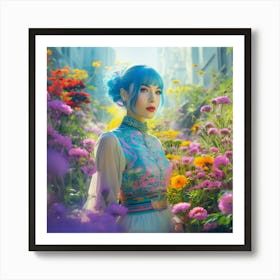 Asian Girl In Flowers Art Print