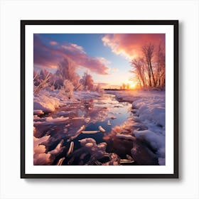 Sunset Over A Frozen River Art Print