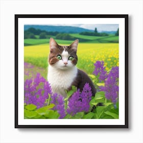 Cat In A Flower Field Photo Art Print