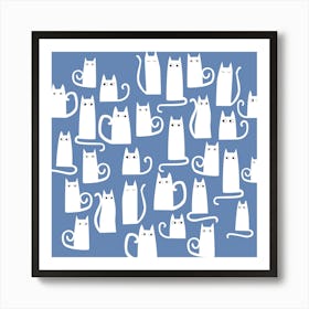 White Cats on Blue Art Print