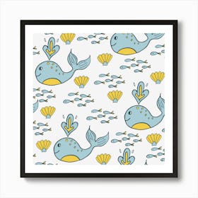 Whale Cartoon Whale Seamless Cartoon Character Animals Leaf Art Print