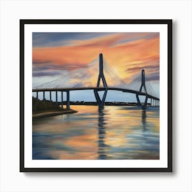 Sunset over the Arthur Ravenel Jr. Bridge in Charleston. Blue water and sunset reflections on the water. Oil colors.10 Art Print