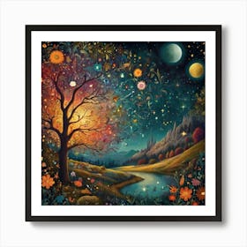 Tree In The Night Sky Art Print