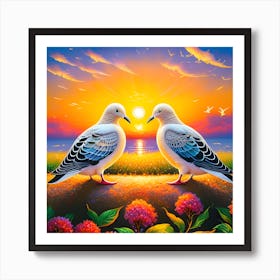 Romantic Sunset Scene Oil Painting Serene Atmosphere Love And Peace Inscribed Delicately Between 972611042 Art Print