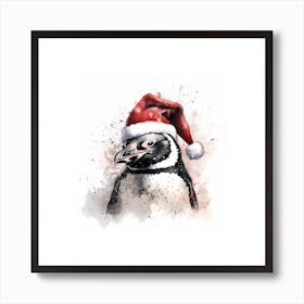 Penguin In A Santa Hat Sketch With Ink Splash Effect Art Print