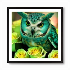 owl with dolphin colors, lime roses Art Print