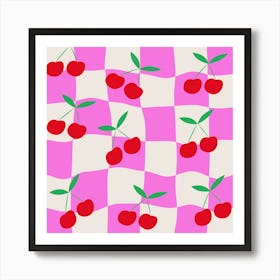 Red Cherries on Pink Warped Checkerboards Art Print