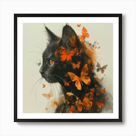 Black Cat With Butterflies Art Print