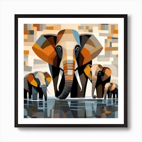 A Cubist Depiction Of A Family Of Elephants Gathered At A Watering Hole With Their Massive Bodies Art Print