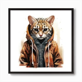 Watercolour Cartoon Ocelot In A Hoodie 3 Art Print