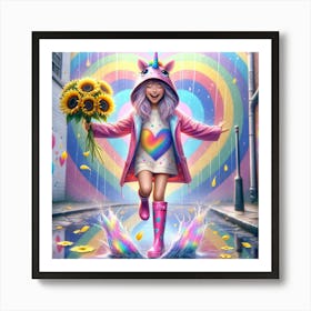 happy young girl, colorful rainbows and sunflowers 1 Art Print
