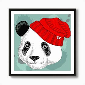 Cozy Cuteness: Knitted Hat Panda in Vector Wonderland, Panda Bear In Red Hat Affiche