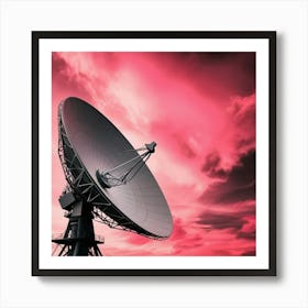 A large satellite dish pointed towards a pink sky, representing the technology. Art Print