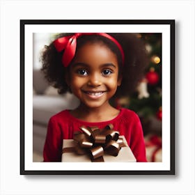 Little Girl Holding Christmas Gift Art Print